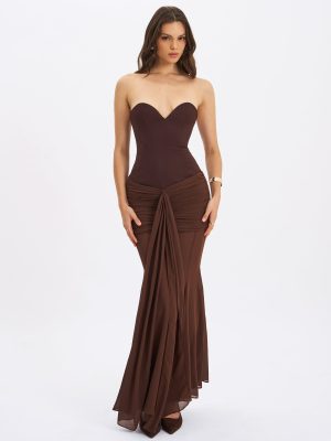 Giovana Espresso Sweetheart Draped Mesh Mermaid Maxi Dress