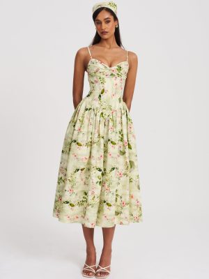 Jacinda Green Floral Print Ruched Breast Linen Midi Dress