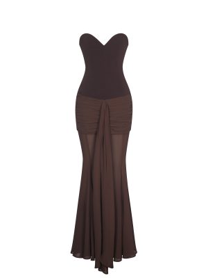Giovana Espresso Sweetheart Draped Mesh Mermaid Maxi Dress