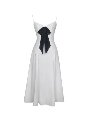 Corinne White Poplin Flared Maxi Dress with Removable Bow