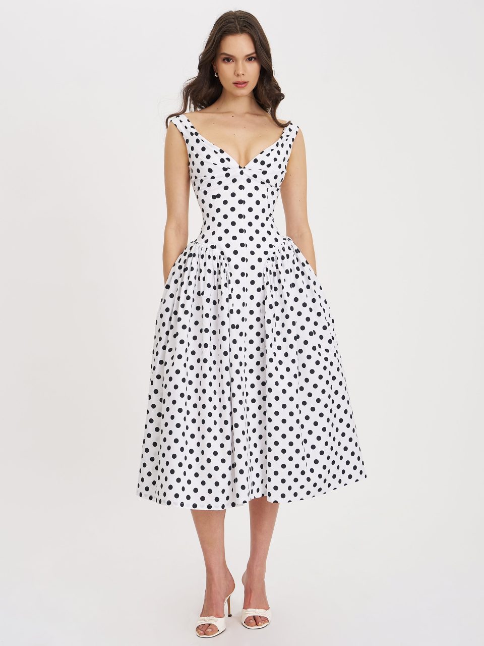 Rahma Polka Dot Drop Waist Midi Cotton Poplin Dress