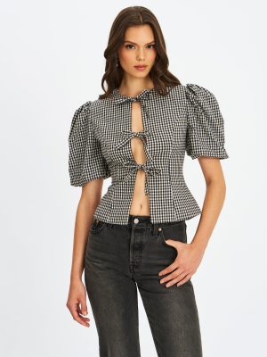 Qusayla Black Gingham Bubble Sleeve Bowtie Top