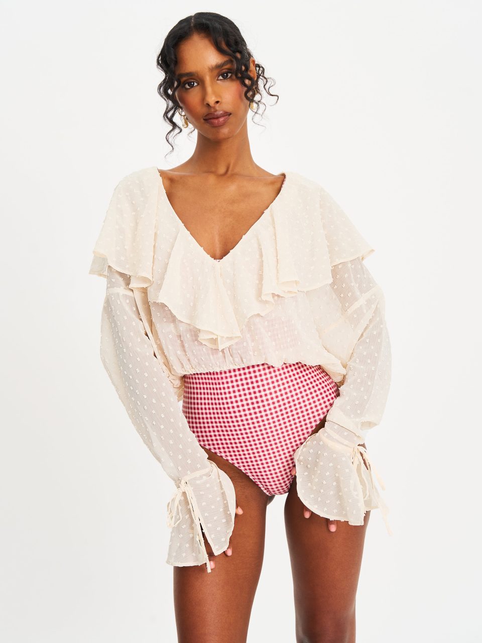 Magali Beige Dotted Mesh Ruffle V Collar Top