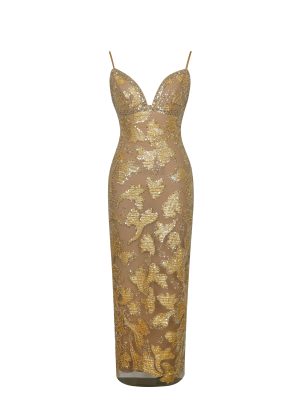 Edie Gold Beaded Sequin Midi Pencil Dress