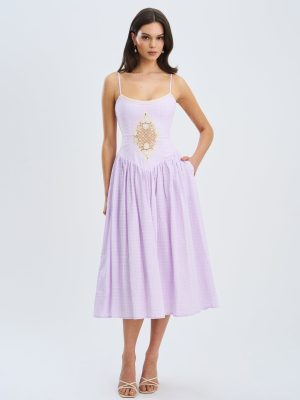 Jaclyn Lavender Lace Trim Cutout Seersucker Midi Dress