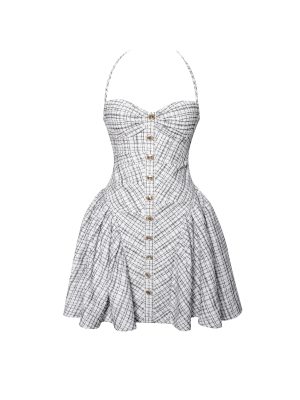 Melody Black and White Plaid Tweed Halter Drop Waist Mini Dress