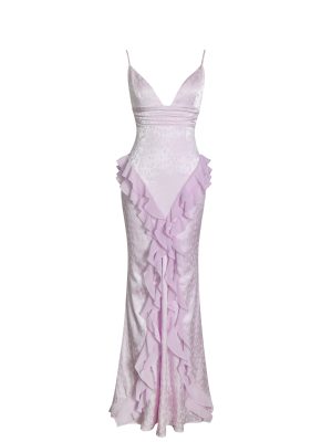 Paolina Taro Pink Jacquard Ruffle Mermaid Maxi Dress
