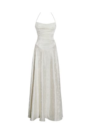 Raegan Pearl White Jacquard Ruched Maxi Dress