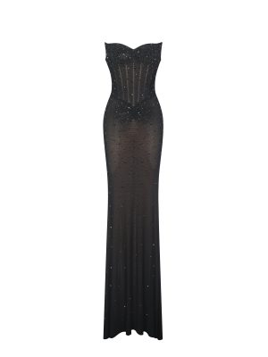 Fatima Black Crystal Sleeveless Corset Mermaid Maxi Dress