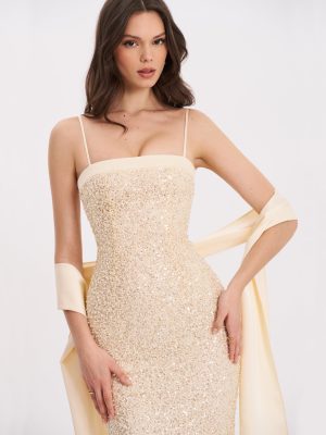 Raizel Gold Beaded Sequin Bodycon Gown with Scarf