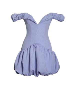 Sablee Checkered Puffy Off Shoulder Trim Bubble Hem Mini Dress