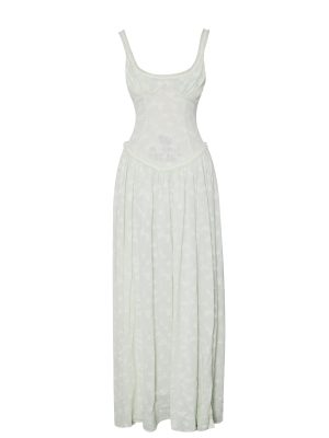 Ulissa Light Green Square Neck Jacquard Textured High Slit Maxi Dress