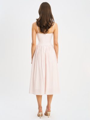 Zania Pink Stripe Ruched Breast Cotton Jacquard Midi Dress