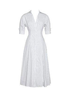 Palina Pinstripes Cotton Poplin Pleated Midi Preppy Shirt Dress