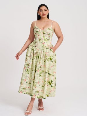 Jacinda Green Floral Print Ruched Breast Linen Midi Dress