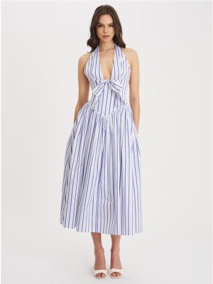 Mackenna Navy Stripe Halter Smock Back Maxi Dress