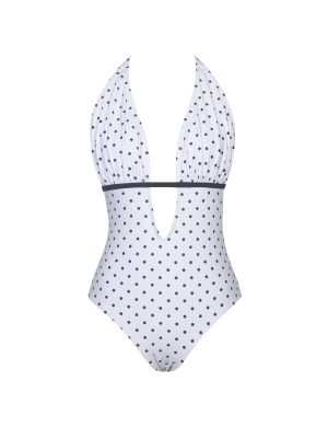 Olive White Base Polka Dot Ruched Breast Halter Backless Swimsuit