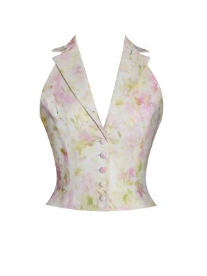 Lauren Pink Floral Print Ruched Back Linen Suit Vest