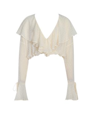 Magali Beige Dotted Mesh Ruffle V Collar Top