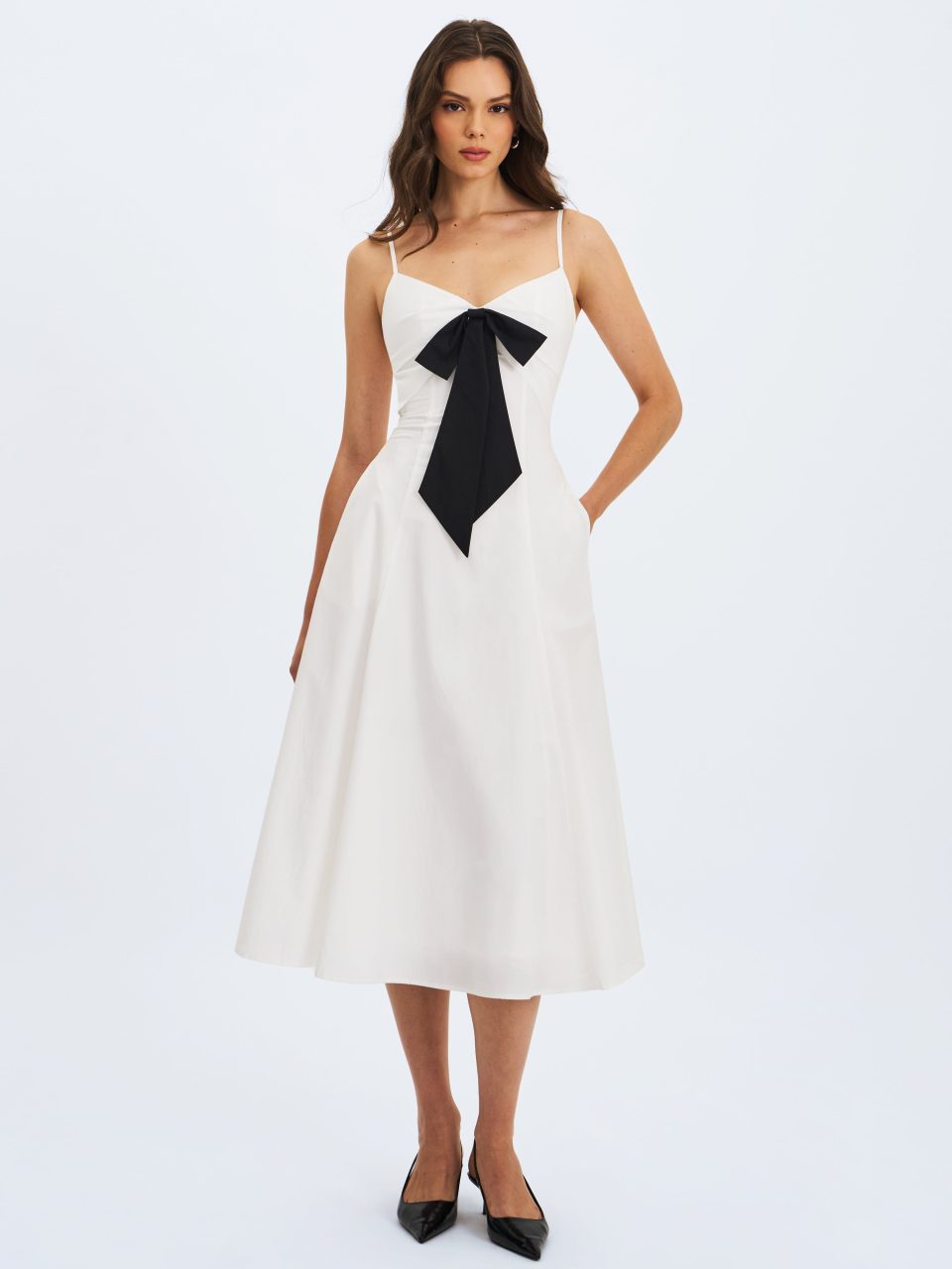 Corinne White Poplin Flared Maxi Dress with Removable Bow