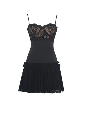 Umra Black Contrast Lace Sweetheart Gathered Mini Dress