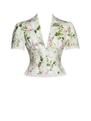 Zanella Green Floral Print Lace Trim Linen Top