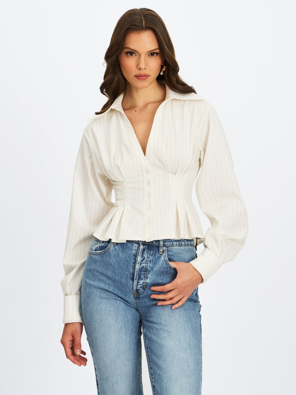 Sylvia White Pinstripe Deep V Pleated Shirt