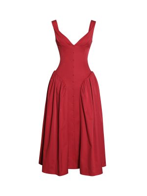 Nahla Red Drop Waist Midi Dress with Buttons