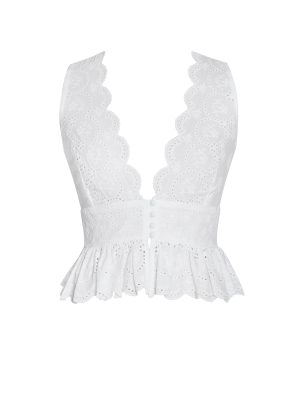 Raia White Eyelet Wave Trim Crop Vest Top