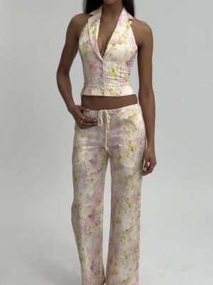 Lauren Pink Floral Print Ruched Back Linen Suit Vest