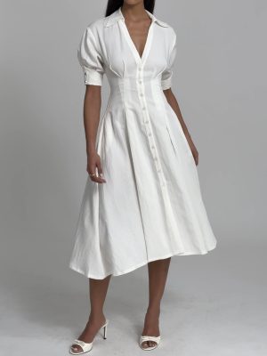 Palina Lyocell Pleated Midi Preppy Shirt Dress