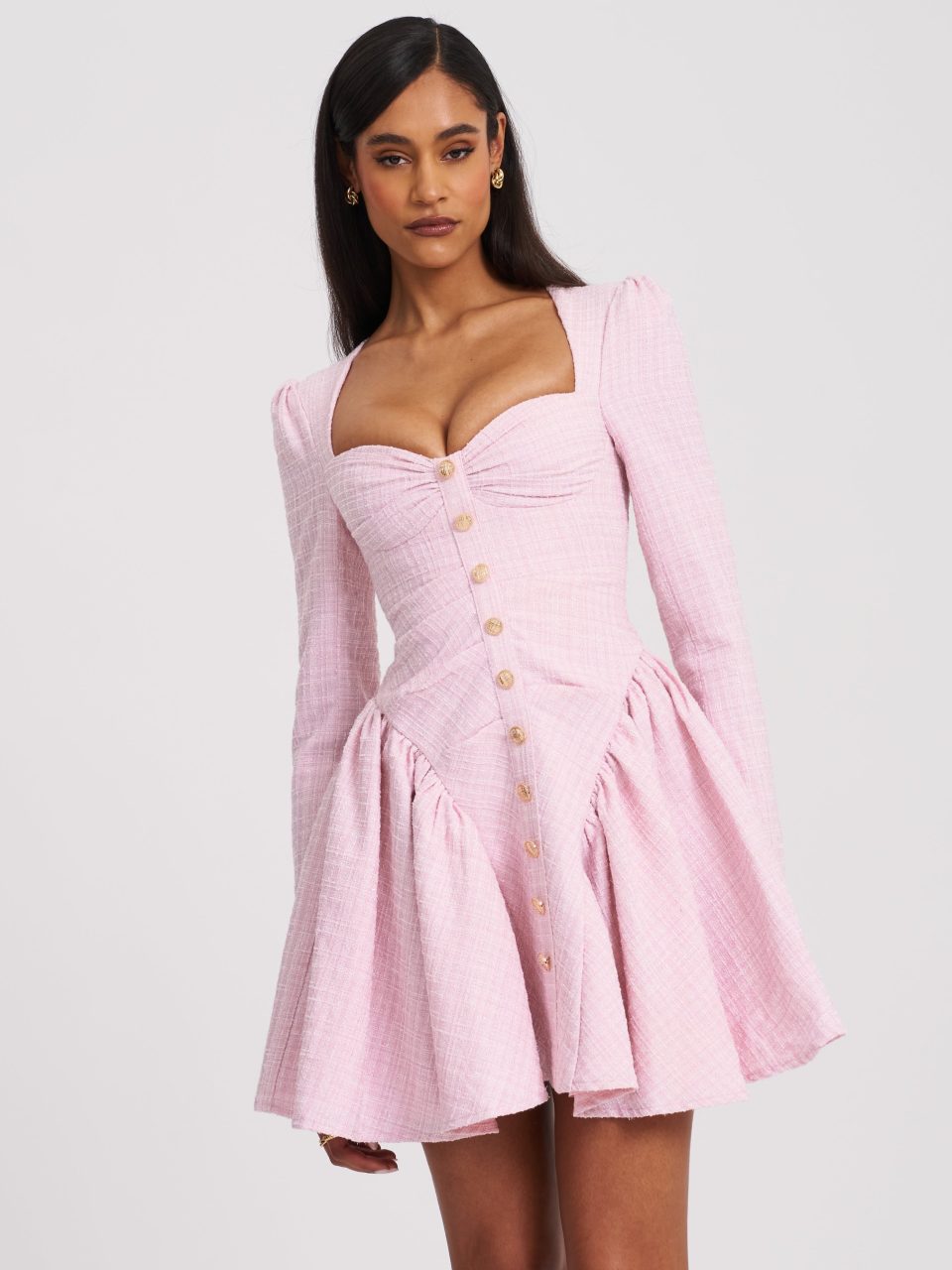 Tae Pink Tweed Long Sleeve Drop Waist Mini Dress
