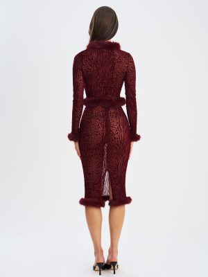 Hali Burgundy Animal Print Burnout Velvet Fur Trim Top