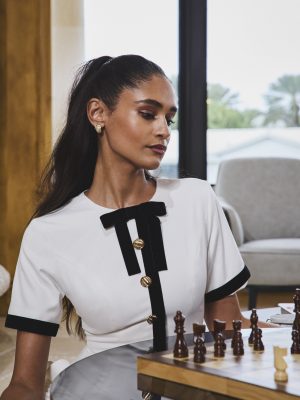 Idina Business Casual White Romper with Black Trim