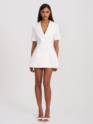 Madelina White Double Breast Satin Trim Blazer Dress