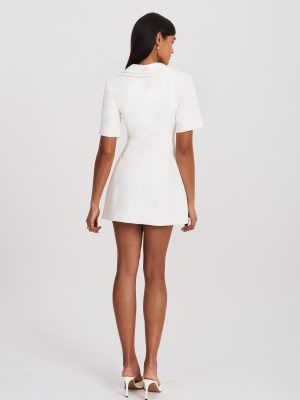 Madelina White Double Breast Satin Trim Blazer Dress