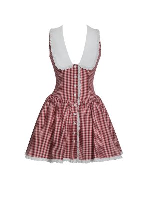 Nala Red Gingham Eyelet Lace Trim Peterpan Collar Mini Dress