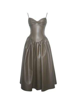 Parisia Cocoa Vegan Leather Drop Waist Maxi Dress