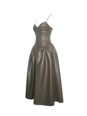 Parisia Cocoa Vegan Leather Drop Waist Maxi Dress