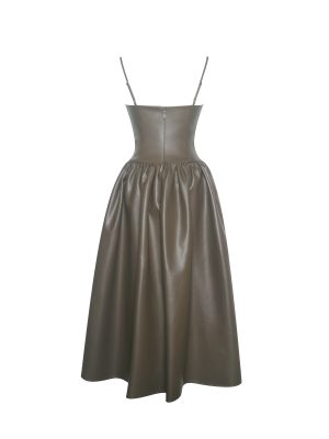 Parisia Cocoa Vegan Leather Drop Waist Maxi Dress