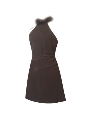 Yael Espresso Vegan Suede Faux Fur Halter Mini Dress