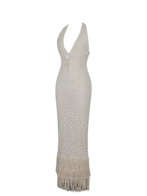 Faelyn Off-White Double Fringe Crochet Halter Maxi Dress