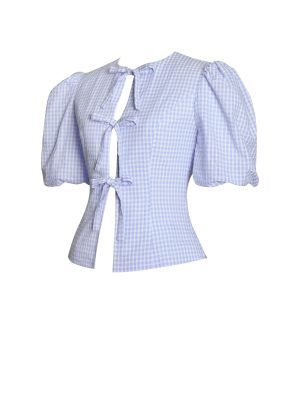 Qusayla Baby Blue Gingham Bubble Sleeve Bowtie Top