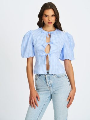 Qusayla Baby Blue Gingham Bubble Sleeve Bowtie Top