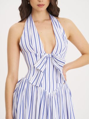 Mackenna Navy Stripe Halter Smock Back Maxi Dress