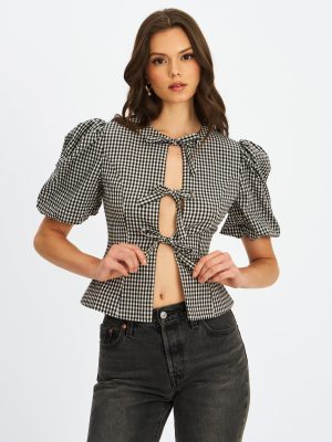 Qusayla Black Gingham Bubble Sleeve Bowtie Top