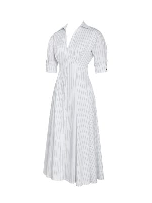 Palina Pinstripes Cotton Poplin Pleated Midi Preppy Shirt Dress