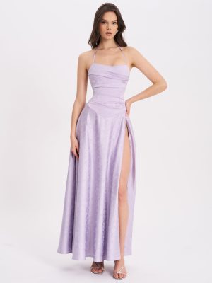 Raegan Taro Purple Jacquard Rouched Maxi Dress