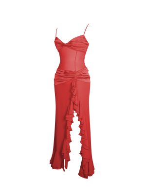 Dahlina Red Ruched Waist High Slit Maxi Dress