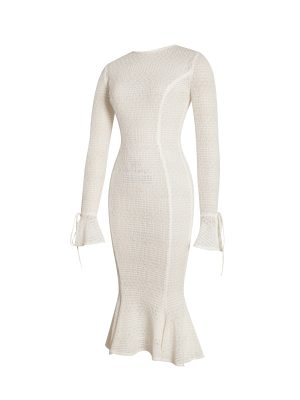 Pamina Beige Crochet Long Sleeve Midi Flare Mermaid Dress